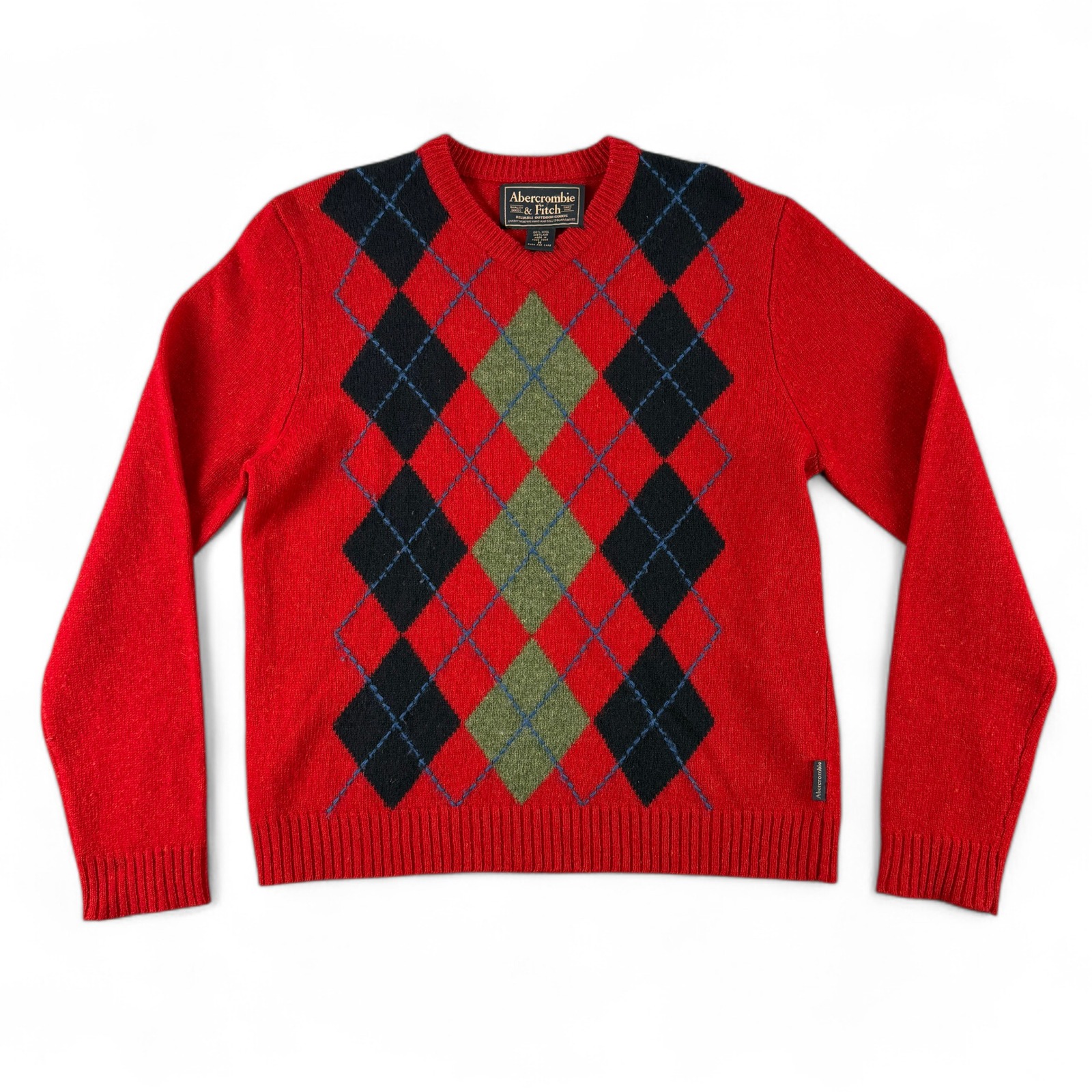 Vintage Abercrombie & Fitch Sweater Mens M Red Argyle Crewneck Wool Long Sleeve